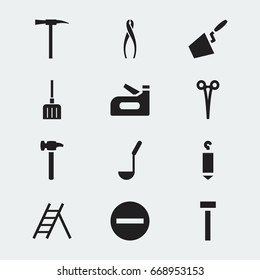 Set Of 12 Editable Instrument Icons. Includes Symbols Such As Staircase, Surgical Scissors, Tongs And More. Can Be Used For Web, Mobile, UI And Infographic Design.