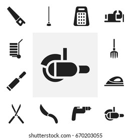 Set Of 12 Editable Instrument Icons. Includes Symbols Such As Putty Knife, Saw, Mincing Machine And More. Can Be Used For Web, Mobile, UI And Infographic Design.