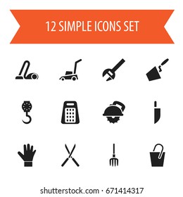 Set Of 12 Editable Instrument Icons. Includes Symbols Such As Sweeper, Cutter Machine, Key And More. Can Be Used For Web, Mobile, UI And Infographic Design.