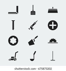 Set Of 12 Editable Instrument Icons. Includes Symbols Such As Rake, Dowel, Sealant And More. Can Be Used For Web, Mobile, UI And Infographic Design.