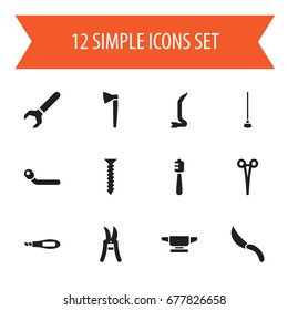 Set Of 12 Editable Instrument Icons. Includes Symbols Such As Pruning Shears, Jimmy, Screw Wrench And More. Can Be Used For Web, Mobile, UI And Infographic Design.