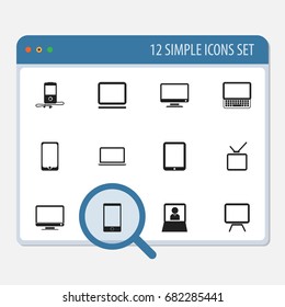 Set Of 12 Editable Instrument Icons. Includes Symbols Such As Computer, Touchscreen, Tv And More. Can Be Used For Web, Mobile, UI And Infographic Design.
