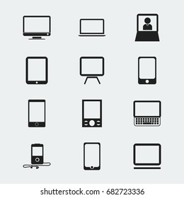 Set Of 12 Editable Instrument Icons. Includes Symbols Such As Laptop, Notebook, Tablet Phone And More. Can Be Used For Web, Mobile, UI And Infographic Design.