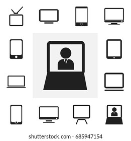 Set Of 12 Editable Instrument Icons. Includes Symbols Such As Television, Telephone, Touchscreen And More. Can Be Used For Web, Mobile, UI And Infographic Design.