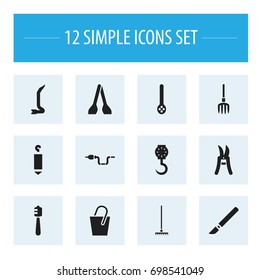 Set Of 12 Editable Instrument Icons. Includes Symbols Such As Balance, Handle , Jimmy. Can Be Used For Web, Mobile, UI And Infographic Design.