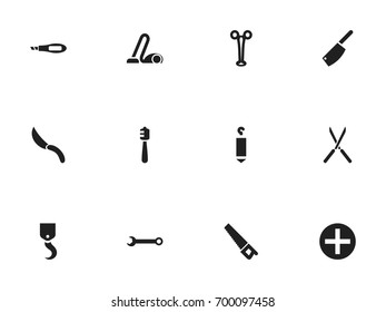 Set Of 12 Editable Instrument Icons. Includes Symbols Such As Cleaver, Spanner, Crane And More. Can Be Used For Web, Mobile, UI And Infographic Design.