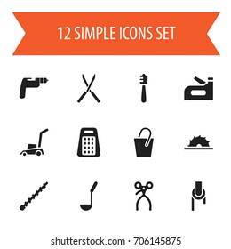 Set Of 12 Editable Instrument Icons. Includes Symbols Such As Shredder, Bore, Carpenter And More. Can Be Used For Web, Mobile, UI And Infographic Design.