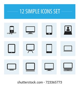 Set Of 12 Editable Instrument Icons. Includes Symbols Such As Tv, Screen, Smartphone And More. Can Be Used For Web, Mobile, UI And Infographic Design.