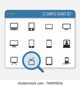 Set Of 12 Editable Instrument Icons. Includes Symbols Such As Notebook, Telly, Screen And More. Can Be Used For Web, Mobile, UI And Infographic Design.