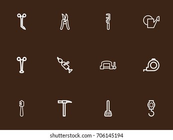 Set Of 12 Editable Instrument Outline Icons. Includes Symbols Such As Clamp, Pickaxes, Honey Stick And More. Can Be Used For Web, Mobile, UI And Infographic Design.