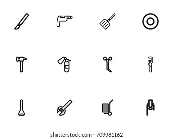 Set Of 12 Editable Instrument Outline Icons. Includes Symbols Such As Carriage, Spacer, Drill And More. Can Be Used For Web, Mobile, UI And Infographic Design.