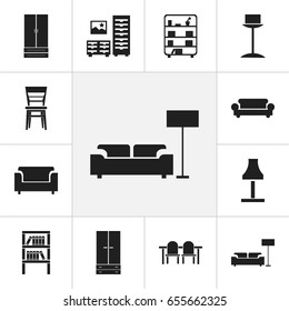 Set Of 12 Editable Interior Icons. Includes Symbols Such As Cabinet, Bookrack, Lamp And More. Can Be Used For Web, Mobile, UI And Infographic Design.