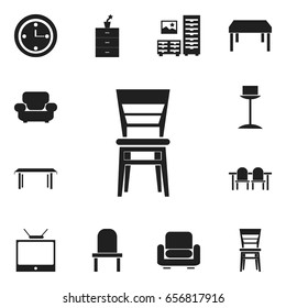 Set Of 12 Editable Interior Icons. Includes Symbols Such As Cabinet, Trestle, Restaurant Table And More. Can Be Used For Web, Mobile, UI And Infographic Design.