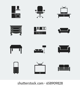 Set Of 12 Editable Interior Icons. Includes Symbols Such As Couch, Television, Cuisine And More. Can Be Used For Web, Mobile, UI And Infographic Design.