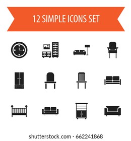 Set Of 12 Editable Interior Icons. Includes Symbols Such As Child Cot, Divan, Stool And More. Can Be Used For Web, Mobile, UI And Infographic Design.