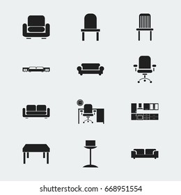 Set Of 12 Editable Interior Icons. Includes Symbols Such As Sofa, Mattress, Wooden Table And More. Can Be Used For Web, Mobile, UI And Infographic Design.