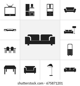 Set Of 12 Editable Interior Icons. Includes Symbols Such As Wall Mirror, Mattress, Television And More. Can Be Used For Web, Mobile, UI And Infographic Design.