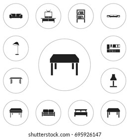 Set Of 12 Editable Interior Icons. Includes Symbols Such As Mattress, Divan, Wooden Table And More. Can Be Used For Web, Mobile, UI And Infographic Design.