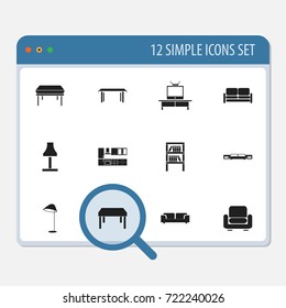 Set Of 12 Editable Interior Icons. Includes Symbols Such As Illuminant, Mattress, Tv And More. Can Be Used For Web, Mobile, UI And Infographic Design.