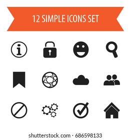 Set Of 12 Editable Internet Icons. Includes Symbols Such As Gear, Tag, Deny And More. Can Be Used For Web, Mobile, UI And Infographic Design.