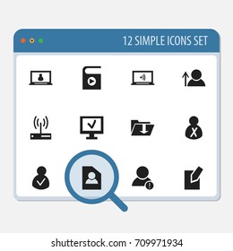 Set Of 12 Editable Internet Icons. Includes Symbols Such As Song List, Edit File, Avatar And More. Can Be Used For Web, Mobile, UI And Infographic Design.