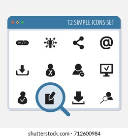 Set Of 12 Editable Internet Icons. Includes Symbols Such As Wifi, Magnifier, Blocked Person And More. Can Be Used For Web, Mobile, UI And Infographic Design.