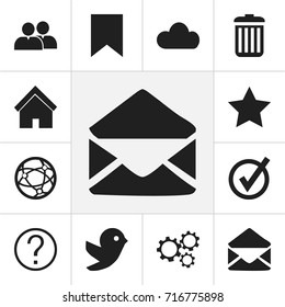 Set Of 12 Editable Internet Icons. Includes Symbols Such As Bookmark, Recycle Bin, Home And More. Can Be Used For Web, Mobile, UI And Infographic Design.