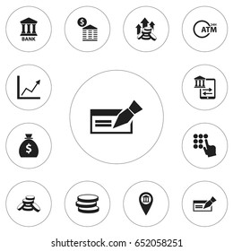 Set Of 12 Editable Investment Icons. Includes Symbols Such As Pinpoint, Holdall, Atm And More. Can Be Used For Web, Mobile, UI And Infographic Design.