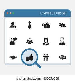 Set Of 12 Editable Job Icons. Includes Symbols Such As Businesswoman, Talking Man, Cravat And More. Can Be Used For Web, Mobile, UI And Infographic Design.