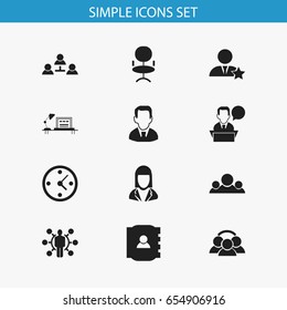 Set Of 12 Editable Job Icons. Includes Symbols Such As Contact Book, Table, Ergonomic Seat And More. Can Be Used For Web, Mobile, UI And Infographic Design.