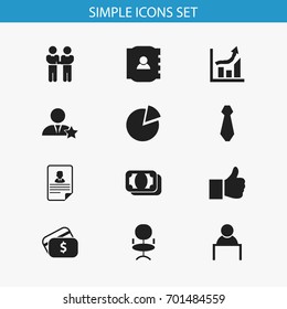 Set Of 12 Editable Job Icons. Includes Symbols Such As Cravat, Like, Currency And More. Can Be Used For Web, Mobile, UI And Infographic Design.