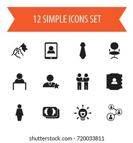 Set Of 12 Editable Job Icons. Includes Symbols Such As Agreement, Ergonomic Seat, Contact Book And More. Can Be Used For Web, Mobile, UI And Infographic Design.