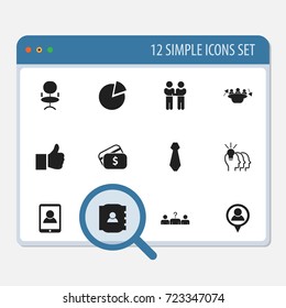Set Of 12 Editable Job Icons. Includes Symbols Such As Contact Book, Agreement, Circle Diagram And More. Can Be Used For Web, Mobile, UI And Infographic Design.