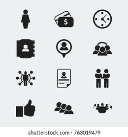 Set Of 12 Editable Job Icons. Includes Symbols Such As Like, Unity, Payment And More. Can Be Used For Web, Mobile, UI And Infographic Design.
