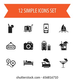 Set Of 12 Editable Journey Icons. Includes Symbols Such As Baggage, Photo Cam, Telephone And More. Can Be Used For Web, Mobile, UI And Infographic Design.