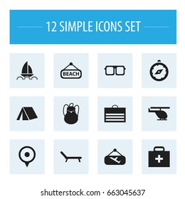 Set Of 12 Editable Journey Icons. Includes Symbols Such As Flight Signboard, Location, Sunbathing And More. Can Be Used For Web, Mobile, UI And Infographic Design.