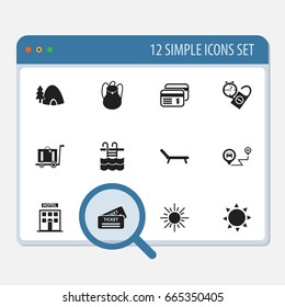 Set Of 12 Editable Journey Icons. Includes Symbols Such As Rest Time, Baggage, Solar And More. Can Be Used For Web, Mobile, UI And Infographic Design.