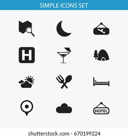 Set Of 12 Editable Journey Icons. Includes Symbols Such As Signboard, Mattress, Location And More. Can Be Used For Web, Mobile, UI And Infographic Design.