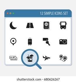 Set Of 12 Editable Journey Icons. Includes Symbols Such As Passport, Entrance, Location And More. Can Be Used For Web, Mobile, UI And Infographic Design.