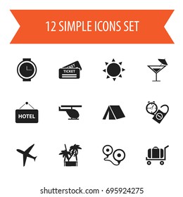 Set Of 12 Editable Journey Icons. Includes Symbols Such As Tent, Solar, Coupon And More. Can Be Used For Web, Mobile, UI And Infographic Design.