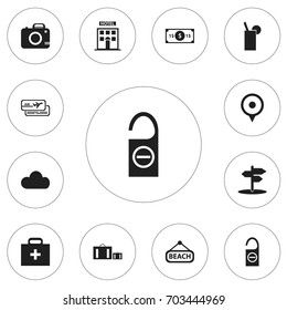 Set Of 12 Editable Journey Icons. Includes Symbols Such As Location, Hotel, Overcast And More. Can Be Used For Web, Mobile, UI And Infographic Design.