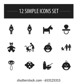 Set Of 12 Editable Kid Icons. Includes Symbols Such As Pregnant Lady, Pregnancy, Puppy And More. Can Be Used For Web, Mobile, UI And Infographic Design.