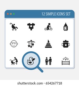 Set Of 12 Editable Kid Icons. Includes Symbols Such As Bath Toys, Tower, Small Dresses And More. Can Be Used For Web, Mobile, UI And Infographic Design.