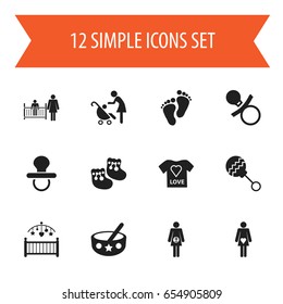 Set Of 12 Editable Kid Icons. Includes Symbols Such As Woman With Baby, Footmark, Pacifier And More. Can Be Used For Web, Mobile, UI And Infographic Design.