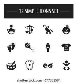 Set Of 12 Editable Kid Icons. Includes Symbols Such As Nipple, Pregnancy, Twins Babies And More. Can Be Used For Web, Mobile, UI And Infographic Design.