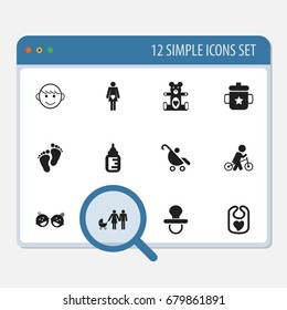 Set Of 12 Editable Kid Icons. Includes Symbols Such As Velocipede, Pram, Twins Babies And More. Can Be Used For Web, Mobile, UI And Infographic Design.