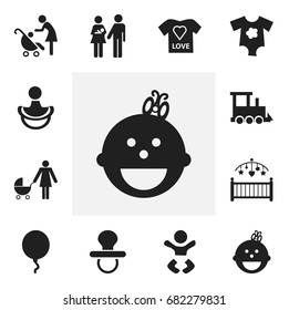 Set Of 12 Editable Kid Icons. Includes Symbols Such As Small Dresses, Woman With Baby, Nipple And More. Can Be Used For Web, Mobile, UI And Infographic Design.
