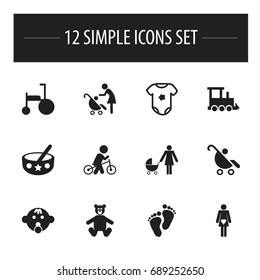 Set Of 12 Editable Kid Icons. Includes Symbols Such As Velocipede, Woman With Baby, Bike And More. Can Be Used For Web, Mobile, UI And Infographic Design.