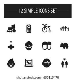 Set Of 12 Editable Kin Icons. Includes Symbols Such As Spinner, Beloveds, Velocipede And More. Can Be Used For Web, Mobile, UI And Infographic Design.
