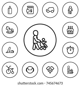Set Of 12 Editable Kin Outline Icons. Includes Symbols Such As Grandson, Pony, Dollar. Can Be Used For Web, Mobile, UI And Infographic Design.